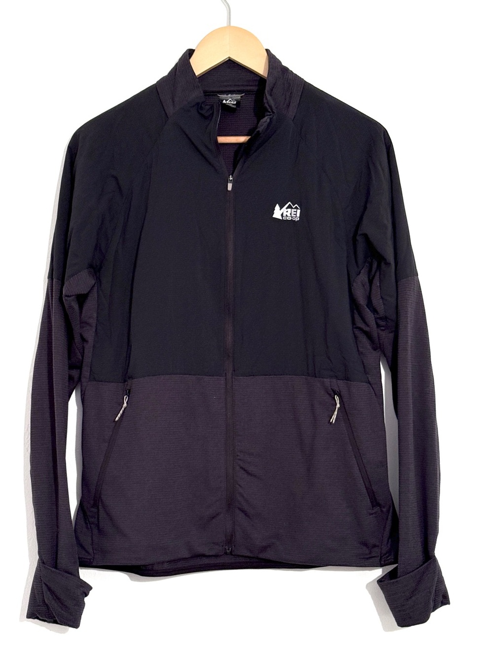 REI Co-op Black Full Zip Running Hiking Jacket Women’s Large Thumbholes